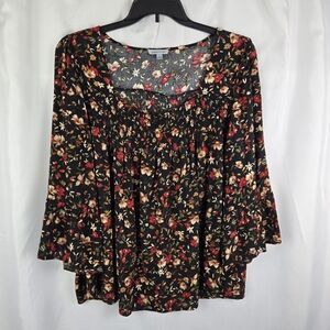 Floral & Ivy Fall Floral Square Neck Smocked Bodice Bell Sleeve Top Size XL